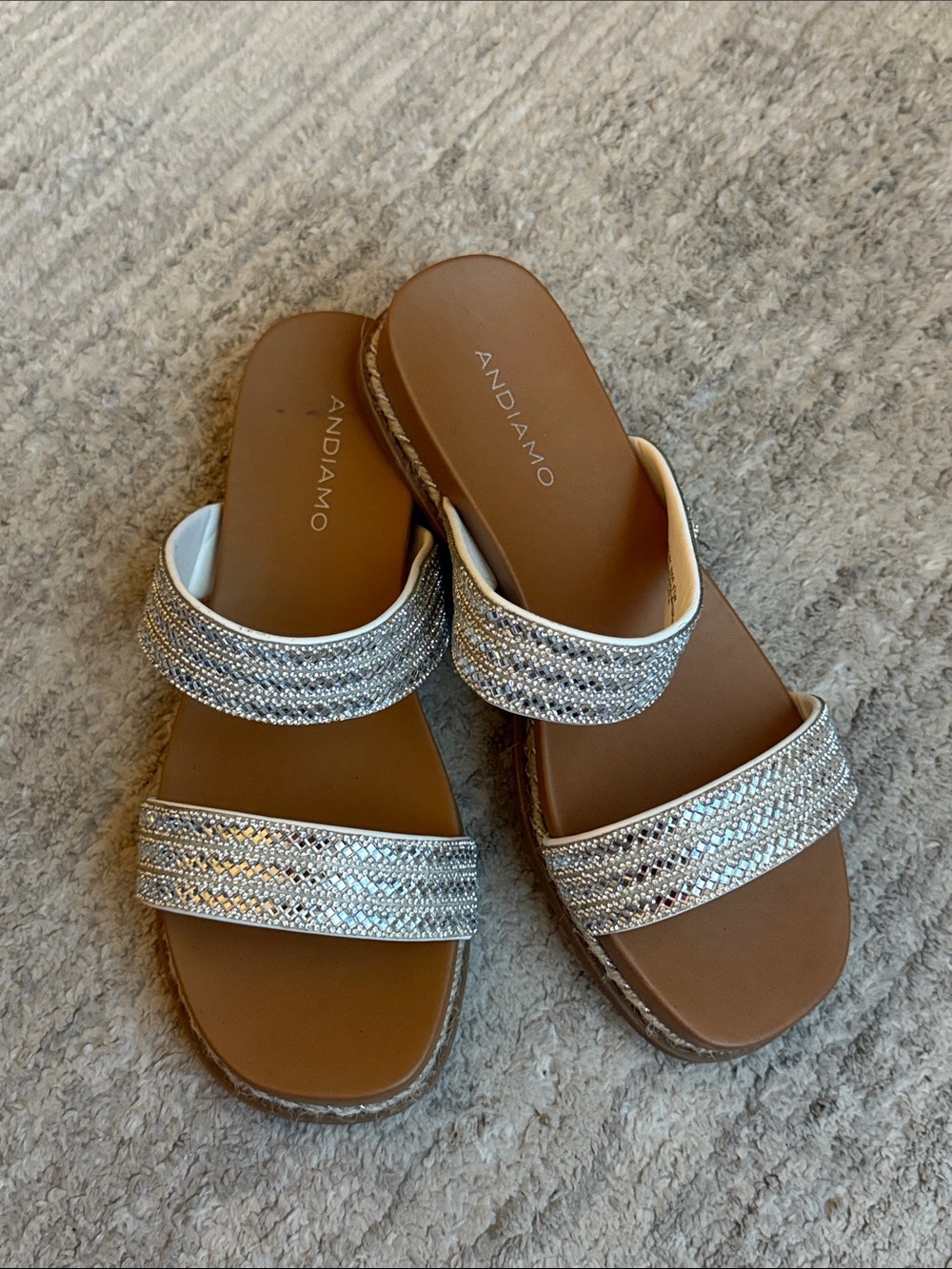 Andiamo Silver Embellished Double-Band Slide Sandals